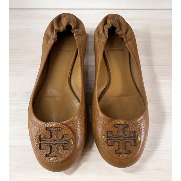 Tory Burch Reva Pebbled Leather Ballet Flats Royal Tan Camel Women Shoe Size 7M - Picture 16 of 16